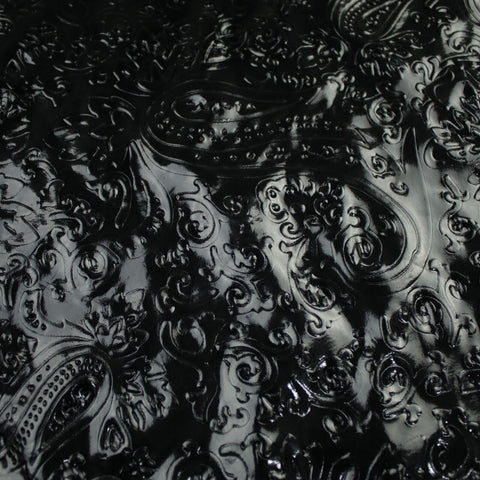 Black Embossed Ornate Paisley Wet Look Shiny 4 Way Stretch Jersey Fabric 10009