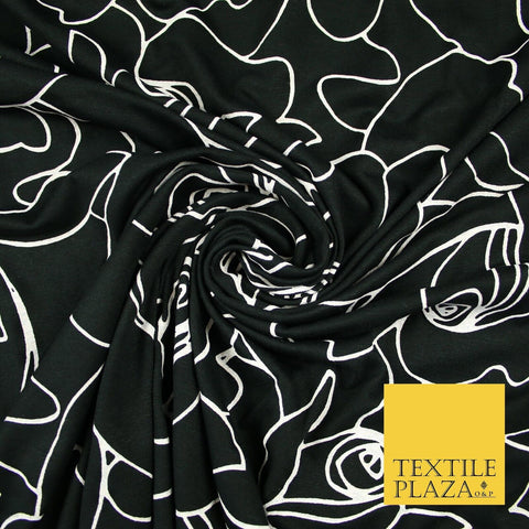 Black with White Abstract Rose Print Soft Stretch Jersey Fabric 56"6666