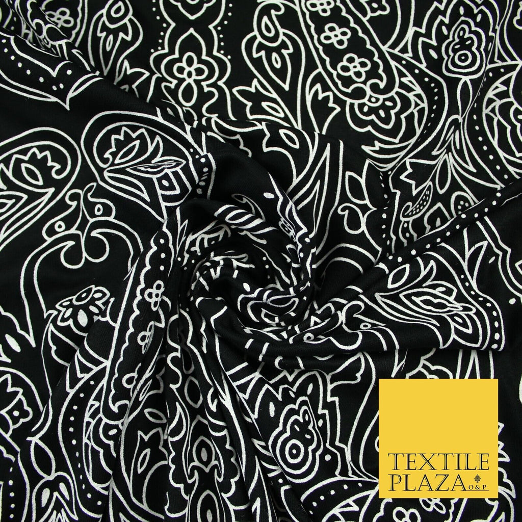 Black with White Intricate Paisley Print Soft Stretch Jersey Fabric 56"6665