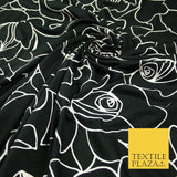 Black with White Abstract Rose Print Soft Stretch Jersey Fabric 56"6666