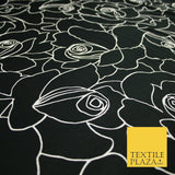 Black with White Abstract Rose Print Soft Stretch Jersey Fabric 56"6666