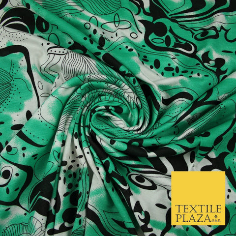 Green Tie-Dye with Black Abstract Print Soft Touch Stretch Jersey Fabric 56"6658