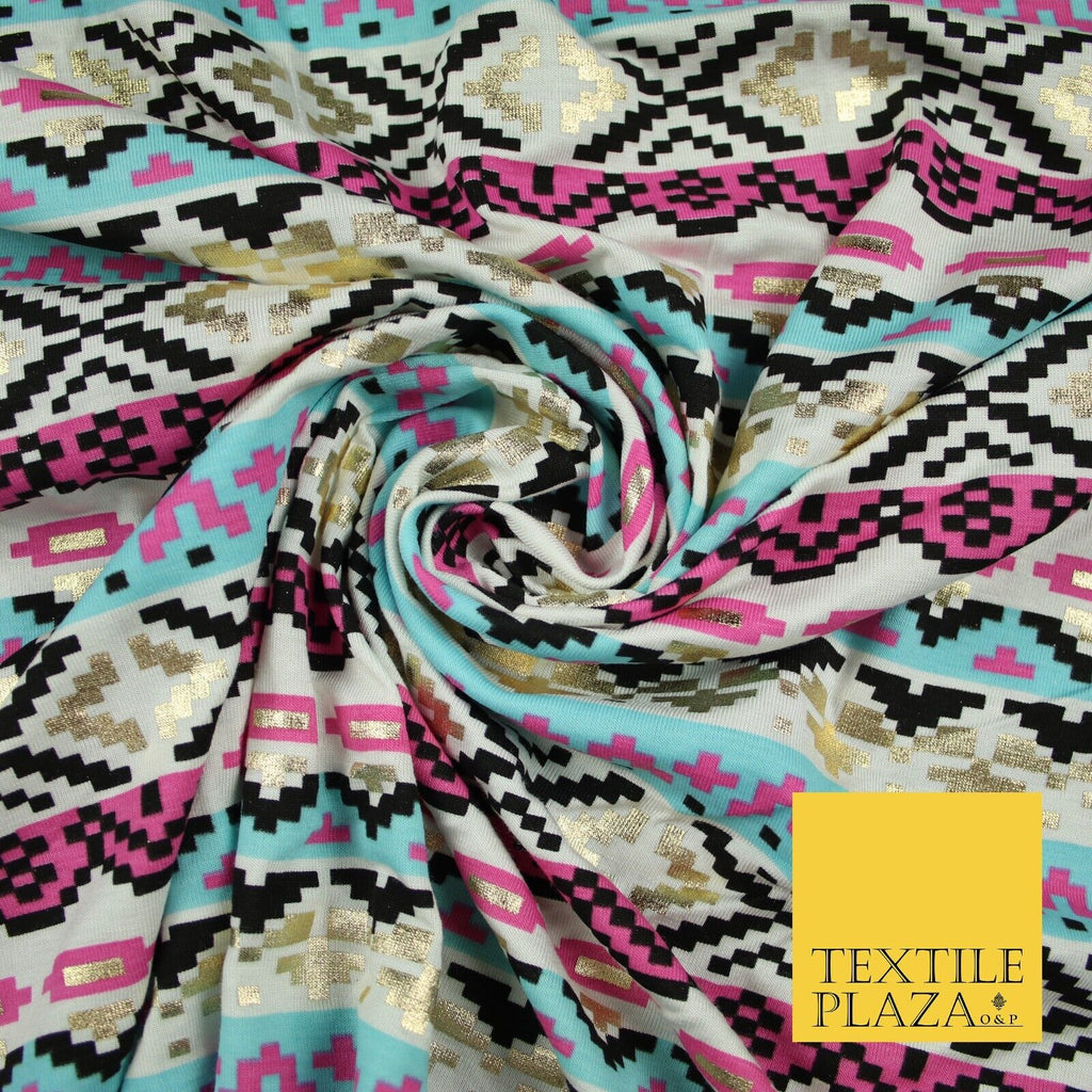 Aztec Print with Metallic Gold Detail Soft Touch Stretch Jersey Fabric 56" 6654