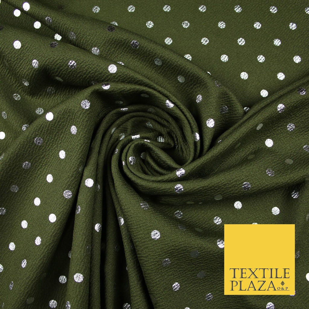 Khaki Green & Metallic Silver Polka 6mm Dot Print Stretch Jersey Fabric 56" 6636