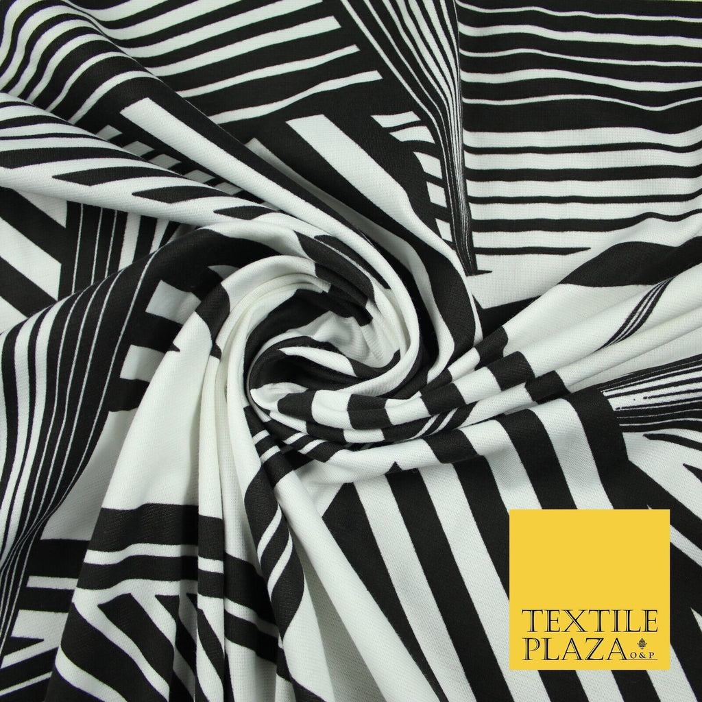 White & Black Stripe Abstract Print Soft Touch Stretch Jersey Fabric 56" 6628