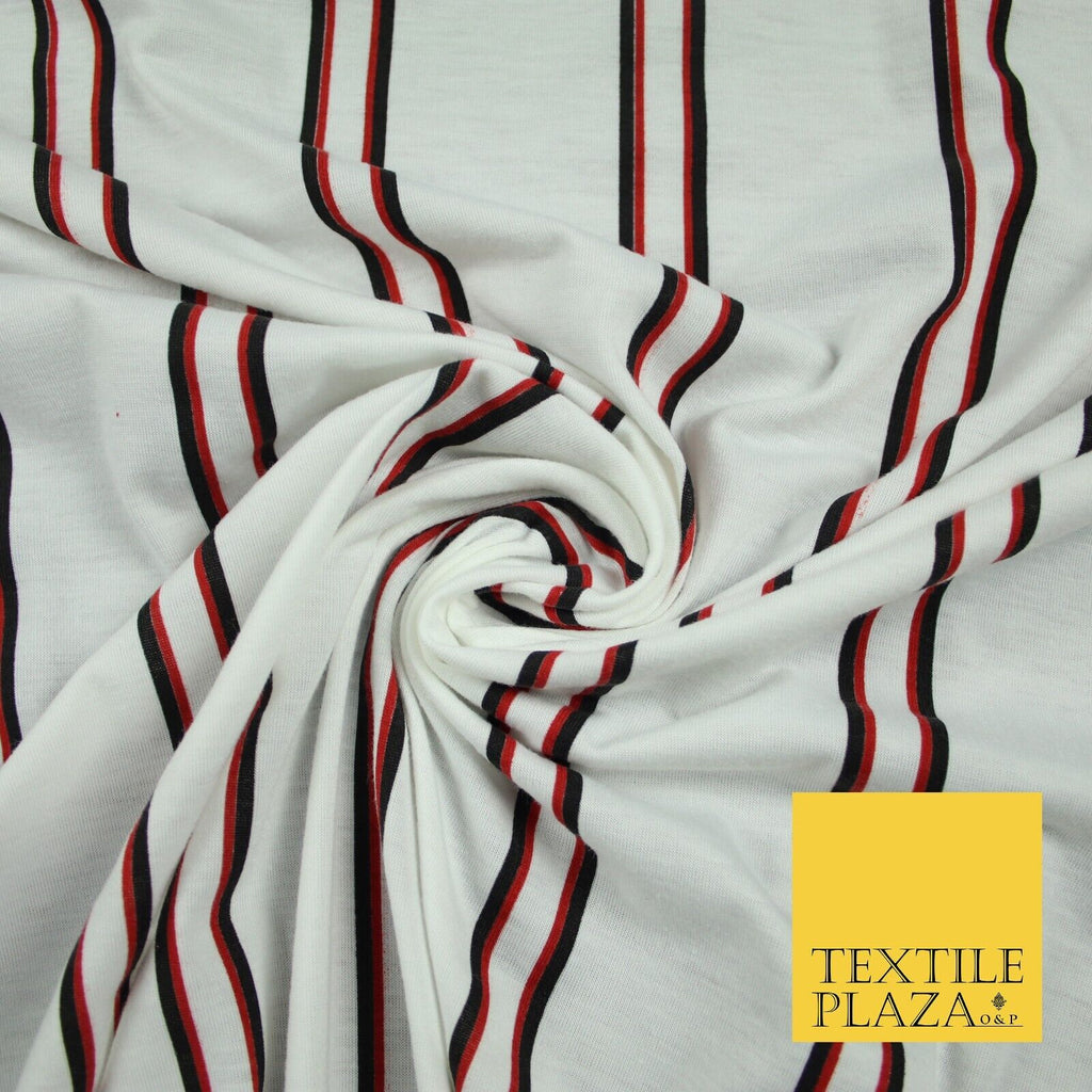 White with Black & Red Stripe Print Soft Touch Stretch Jersey Fabric 56" 6625