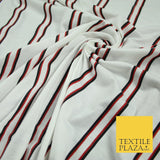 White with Black & Red Stripe Print Soft Touch Stretch Jersey Fabric 56" 6625