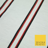 White with Black & Red Stripe Print Soft Touch Stretch Jersey Fabric 56" 6625