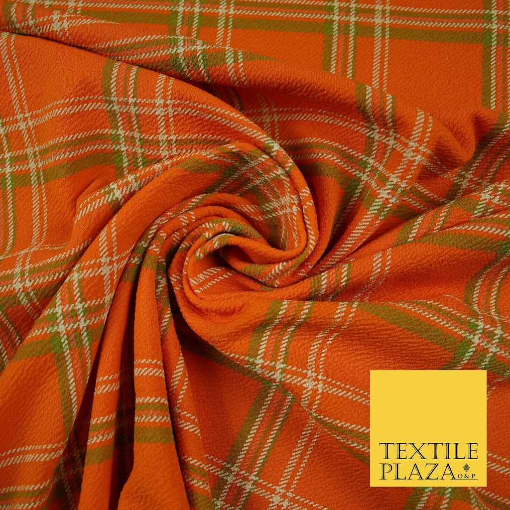 Orange with Green Check Print Soft Touch Stretch Jersey Fabric 56" 6608