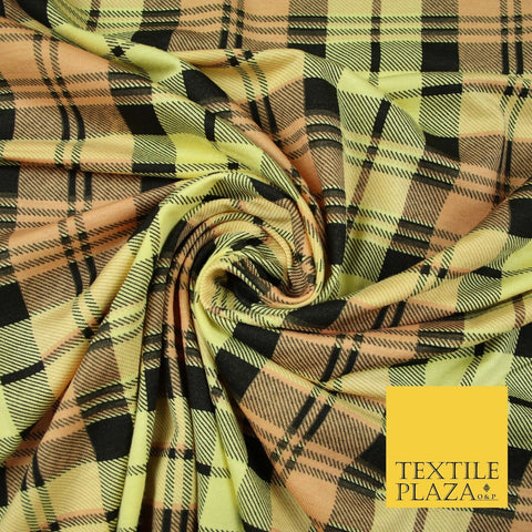 Yellow Peach Black Check Tartan Print Soft Stretch Jersey Fabric 56" 6594