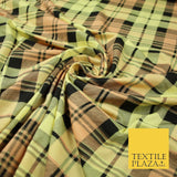 Yellow Peach Black Check Tartan Print Soft Stretch Jersey Fabric 56" 6594