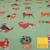 Sage Green Christmas Dogs Print 100% Cotton Printed Fabric 58" 10210