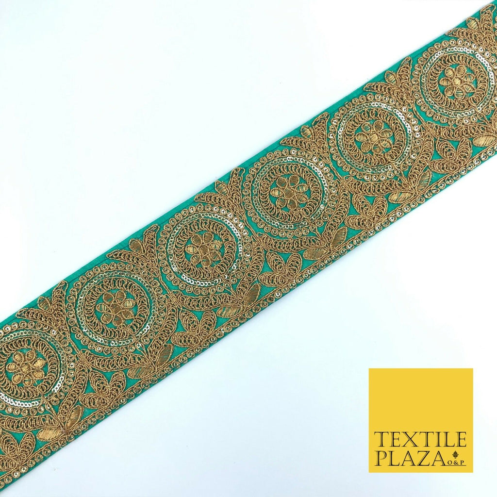 Jade Green Ornate Fancy Flower Zari Sequin Trimming Border Indian Ethnic (X63)