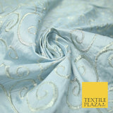 Luxury ICE BLUE Fancy Swirl Curls Embroidered 100% PURE SILK Fabric 48" 4520