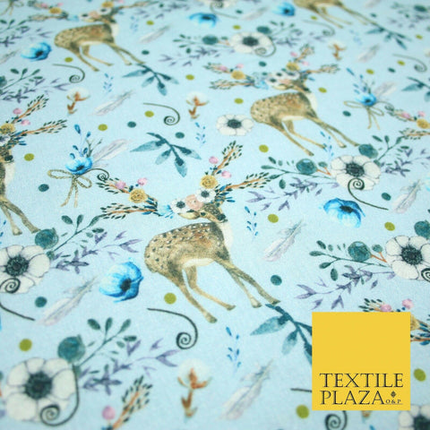 Sky Blue Floral Deer Feather Digital Print 100% Cotton Fabric Sewing 58" 4945