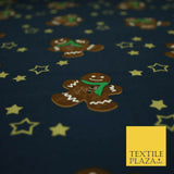 Festive Gingerbread Men Metallic Gold Stars Xmas Printed 100% Cotton Fabric 58"