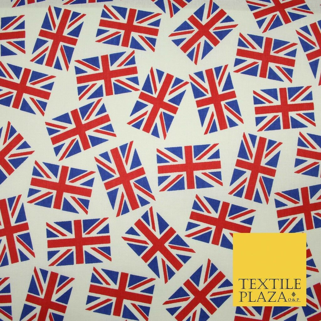 White Blue Red Falling Union Jack British Flags 100% Cotton Fabric 58" Wide 5077