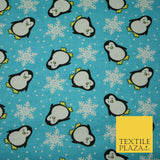 Blue Penguins Snowflakes Brushed Cotton Flannel Winceyette Print Fabric 4499