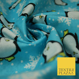 Blue Penguins Snowflakes Brushed Cotton Flannel Winceyette Print Fabric 4499