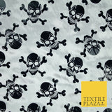 White Black Foil Skull Crossbones Pirate Halloween Printed Satin Fabric 58" 6500