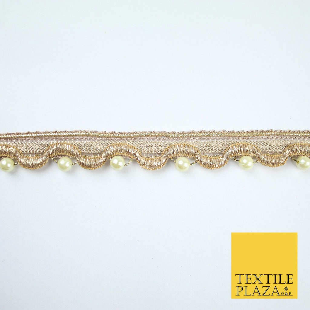 Gold Ivory Pearl Beaded Wave Swag Metallic Trim Border Lace - 2cm Wide - X667