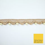 Gold Ivory Pearl Beaded Wave Swag Metallic Trim Border Lace - 2cm Wide - X667