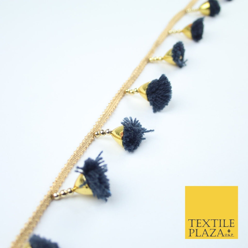NAVY BLUE Pom Pom Tassels Woven Gold Trim Ribbon Border Lace Ethnic X252