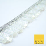 SILVER PEARL WHITE Sequin Glass Tube Fringe Tassel Trim Ribbon Border Lace X127