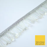 SILVER PEARL WHITE Sequin Glass Tube Fringe Tassel Trim Ribbon Border Lace X127