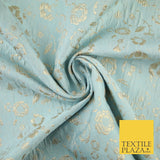 Powder Blue Gold Metallic Floral Rose Creased Brocade Jacquard Dress Fabric 8205