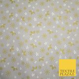 Grey Gold Metallic Snowflake Star Holly Festive Printed 100% Cotton Fabric 8240